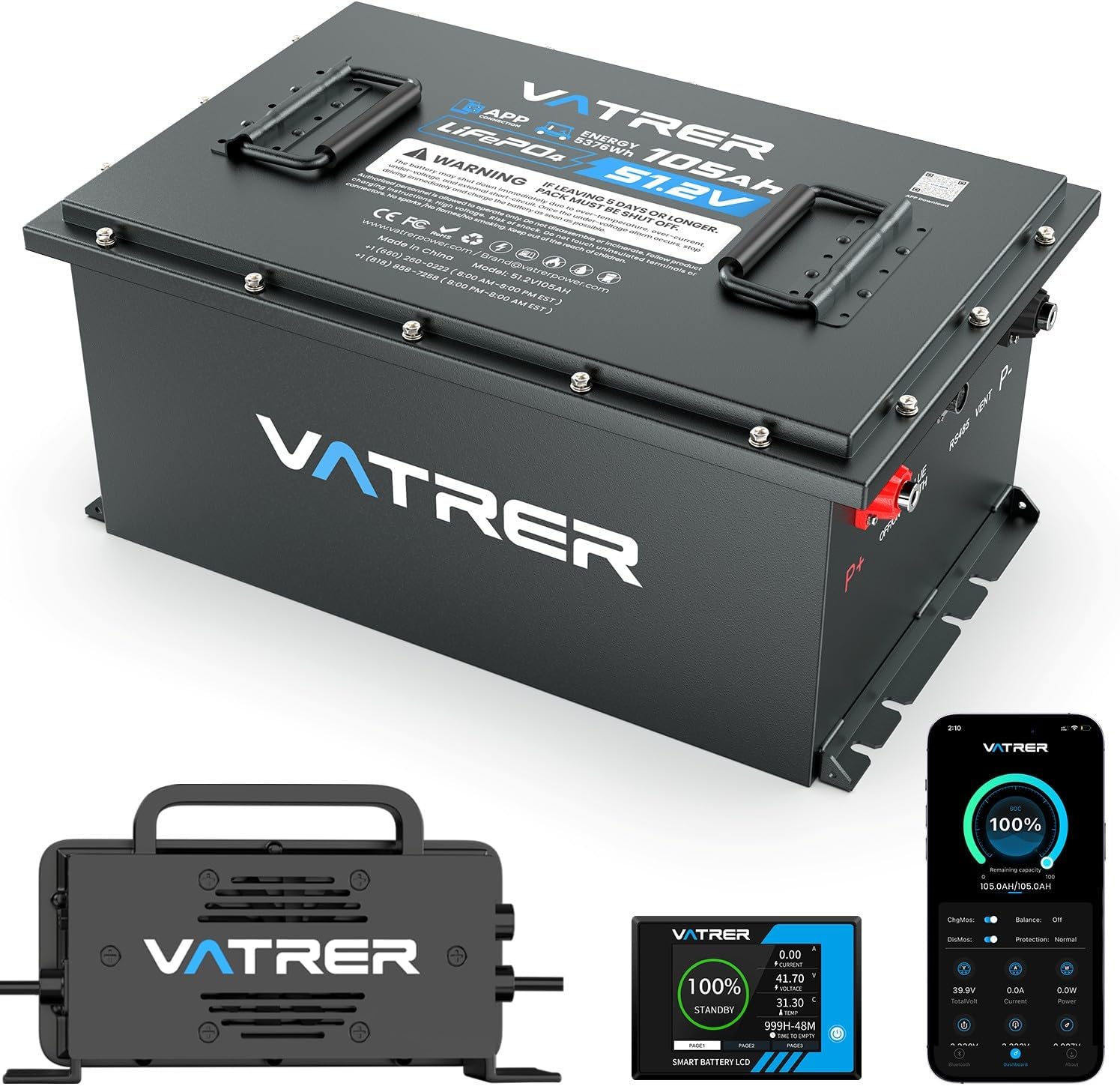 51.2V 105Ah Lithium Golf Cart Battery, Built-in Smart 200A BMS, with Touch Monitor & Mobile APP, VATRER POWER 4000+ Cycles Rechargeable LiFePO4 Battery, Max 10.24kW, Perfect for Golf Carts