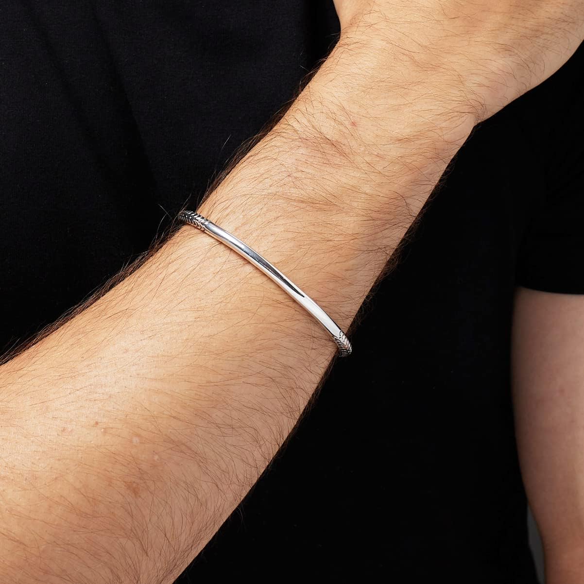 Men's Solid Sterling Silver Bangle Bracelet - Adjustable Size Silver Bracelet for Men