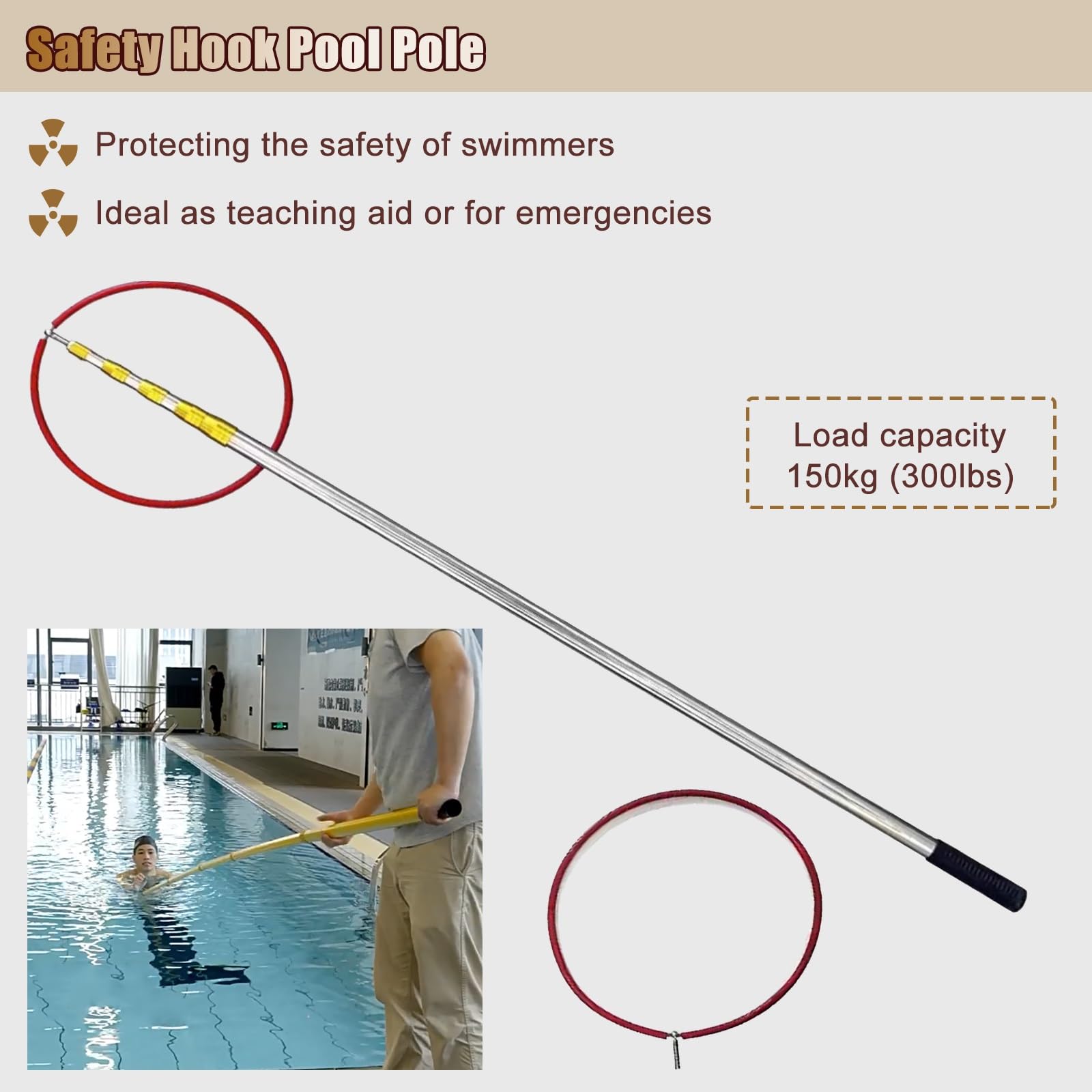 Gancho de seguridad ajustable de 9 m para piscina con poste, anillo de rescate plateado para adultos y niños, ideal para playas, yates y clubes de natación, equipo esencial de seguridad para piscina