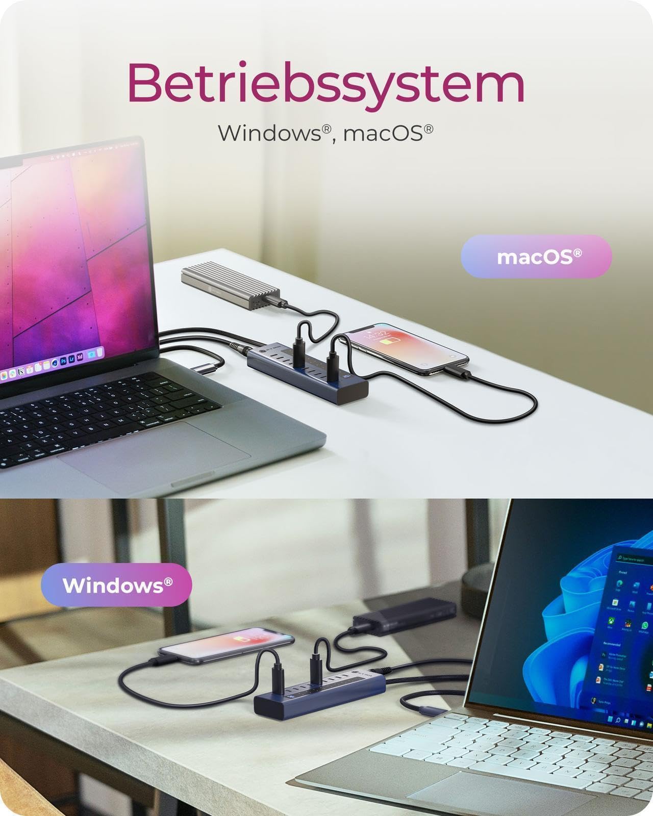 ICY Box Hub USB-C a 10 porte, 9 porte USB 3.2 Gen 2 (10 Gbps), 1 alimentatore USB-C da 20 W, alloggiamento in alluminio, cavo da 60 cm, adattatore di alimentazione, IB-HUB1450-C31