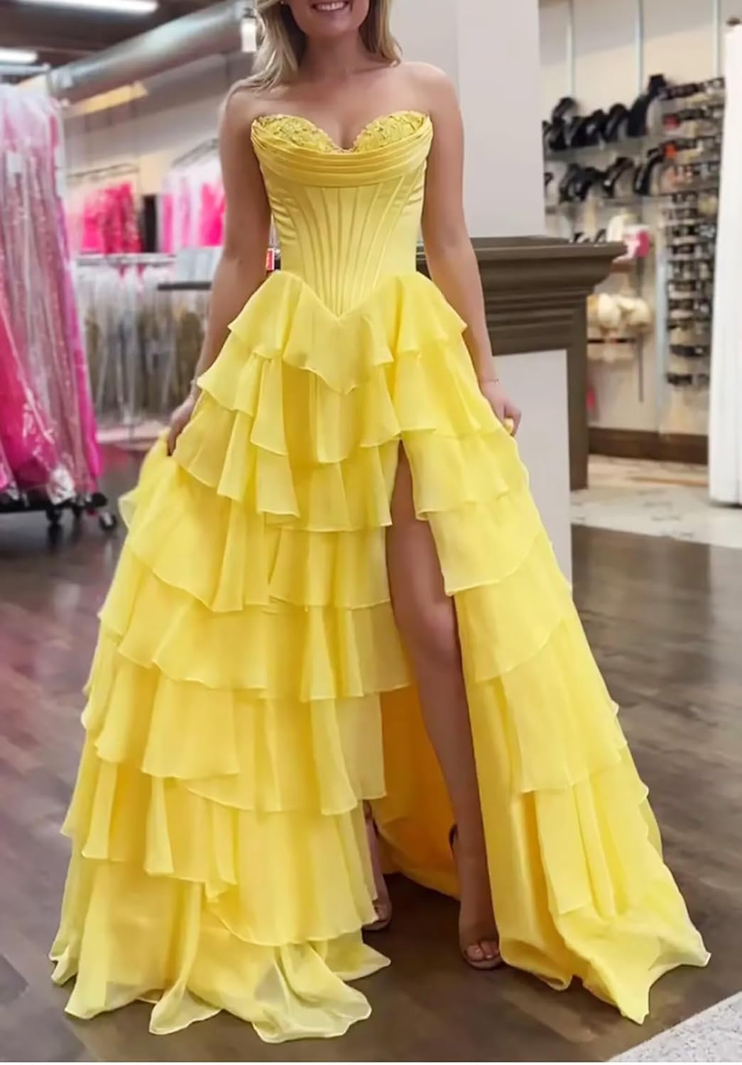 MisShow Corset Ruffle Prom Dresses for Women 2026 Strapless Chiffon Tiered Long Formal Evening Party Gown with Slit - Image 3