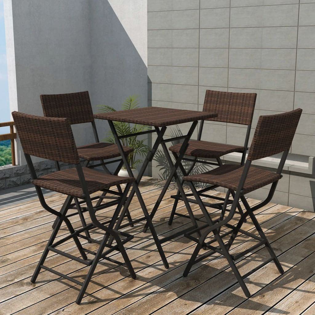 vidaXL Mesa Alta de Bar con Taburetes Jardín 5 Pzas Juego de Muebles Terraza Mesita y Sillas Altas Asienyos de Poli Ratán Sintétco Marrón Tipo Mimbre