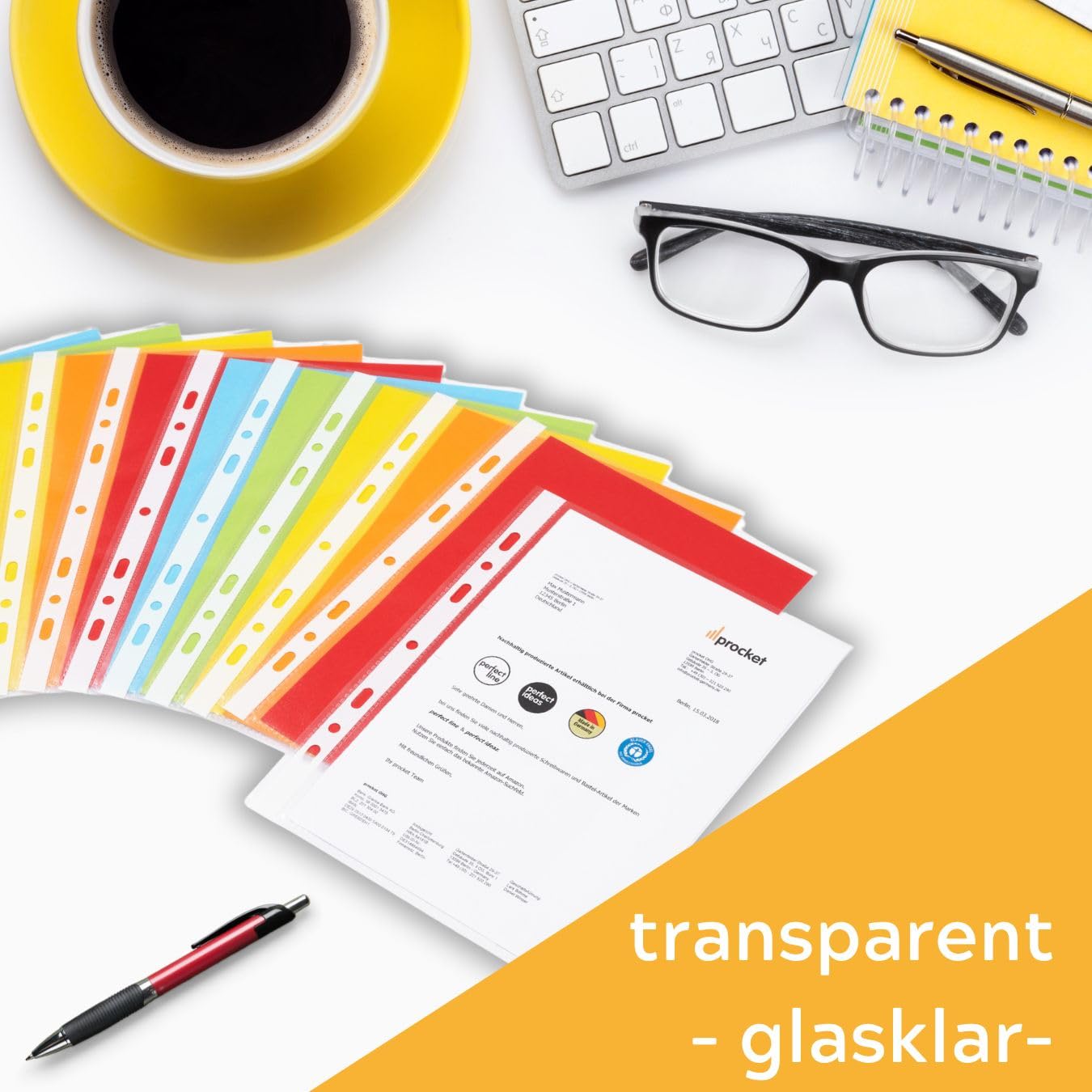 perfect line 100 fundas transparentes tamaño folio DIN-A5, fundas transparentes A5 archivador, alta visibilidad, lisas, extrarresistentes y sólidas, sin ácido, fabricación en la UE