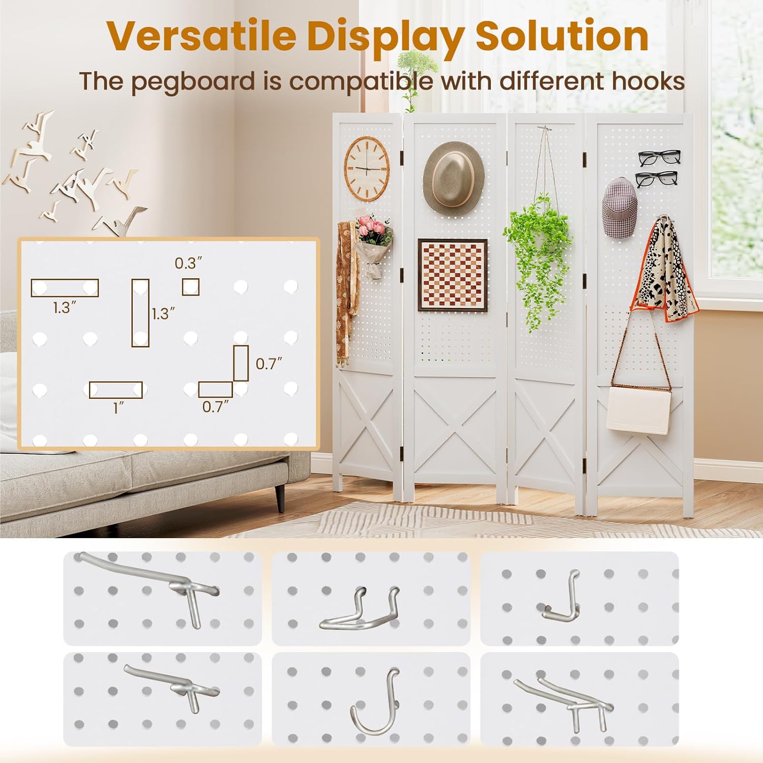 Giantex 4 Panel Pegboard Room Divider, 4.7FT Farmhouse Folding Privacy Screen, Solid Wood Pegboard Stand for Crafting Show Jewelry Retail, Freestanding Partition Wall Divider for Room Separation