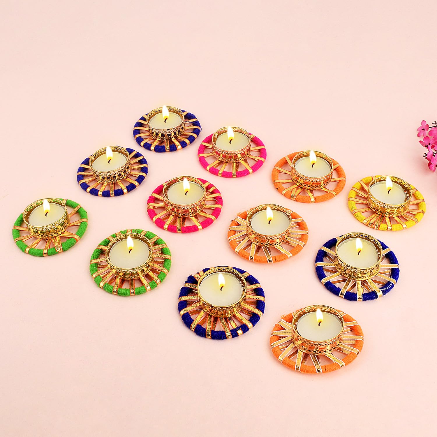 SATVIK 12 Pcs Round Chakra Metal Diya Festive Diwali Pooja Pujan Candle Tea Light Holder Oil Lamp Home Mandir Office Decoration Table Diya