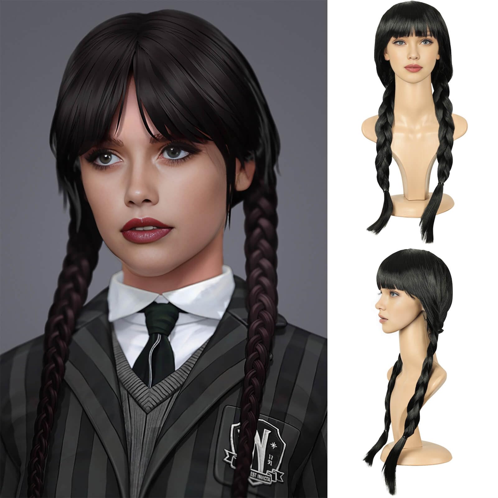 QUEENTAS 19Inch Long Braided Wigs for Women Black Long Straight Hair Costume Wigs for Halloween Party Cosplay
