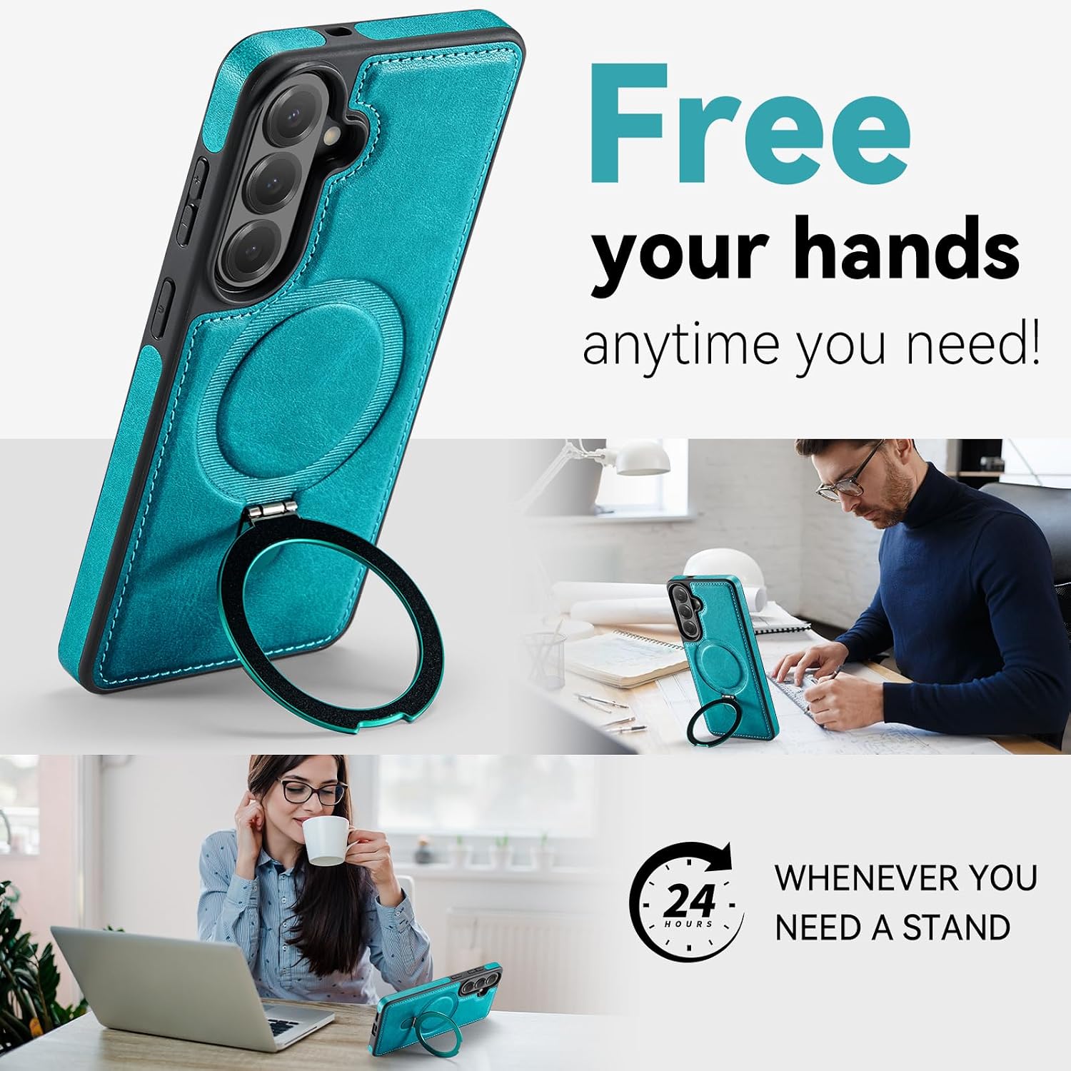for Samsung Galaxy S26 Case with Stand Compatible with Magsafe, Slim PU Leather & TPU Rubber Drop Proof Magnetic Kickstand Protective Phone Cases Cover for Galaxy S26 6.3", Turquoise
