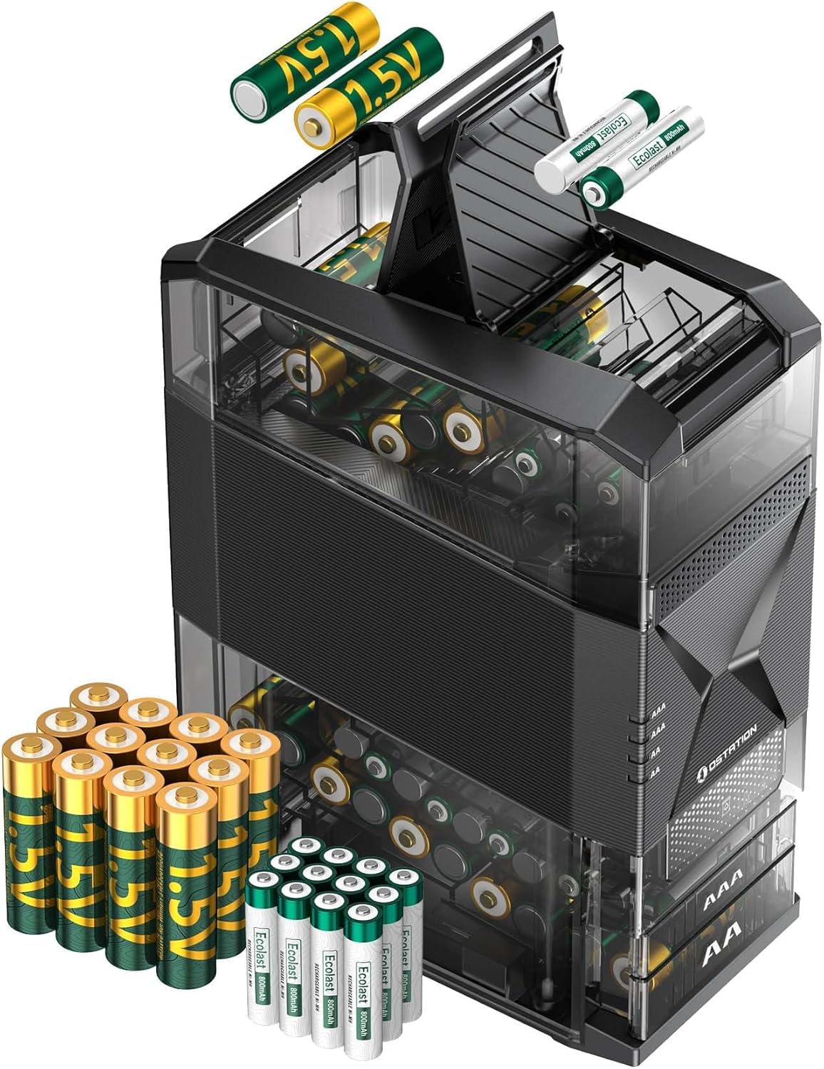 Ostation 2 AA AAA Rechargeable Battery Charger Charging Station with 12 AA Li-ion & 12 AAA NiMH Batteries, Polarity-Free, 3 in 1 Charger Organizer Tester for Gamers, Cameras & Smart Homes