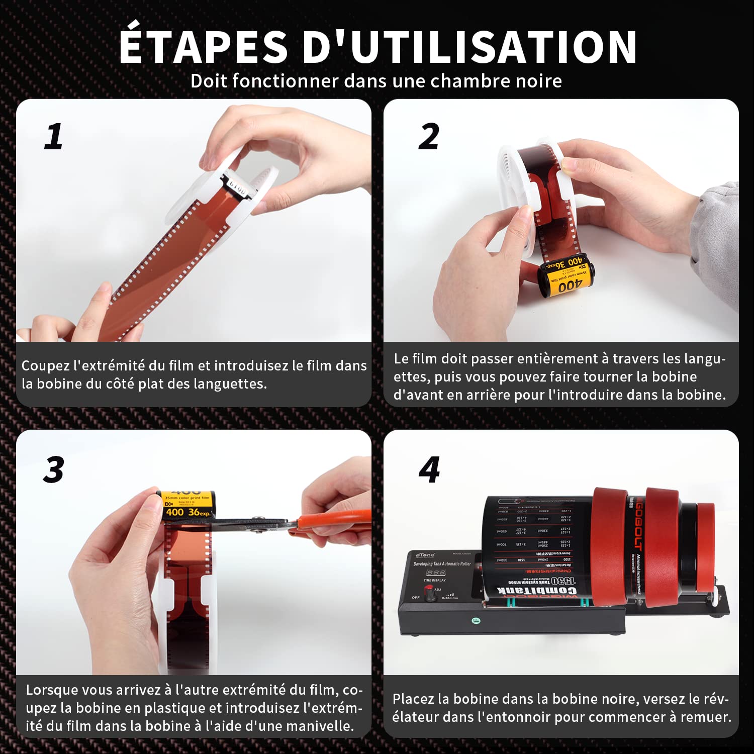 eTone Réservoir de développement Universel pour Chambre Noire avec 3 bobines en Spirale pour Le Traitement de 120 135 Rouleaux de Film N/B Équipement de Traitement de Film pour Appareil Photo