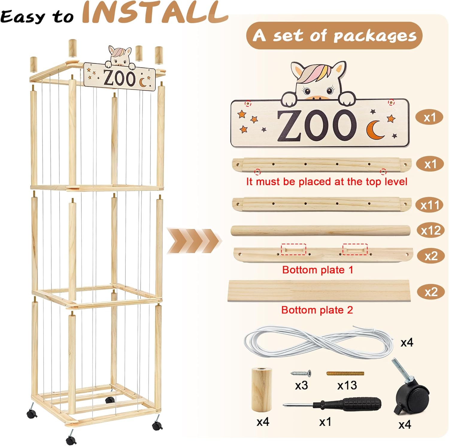 Stuffed Animal Storage Organizer, 55In Large Wooden Zoo Toy Storage Holder with Brake Wheels & Elastic Band, Space Save Stuffy Plushies Organizers for Playroom, Bedroom and Nursery - Image 6