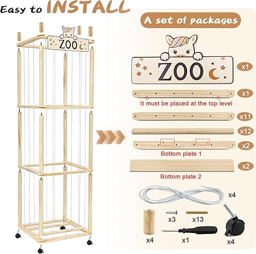 Miniatura 6 de Organizador de madera para animales de peluche, soporte de peluche de gran capacidad con cordones elásticos para almacenamiento de animales de