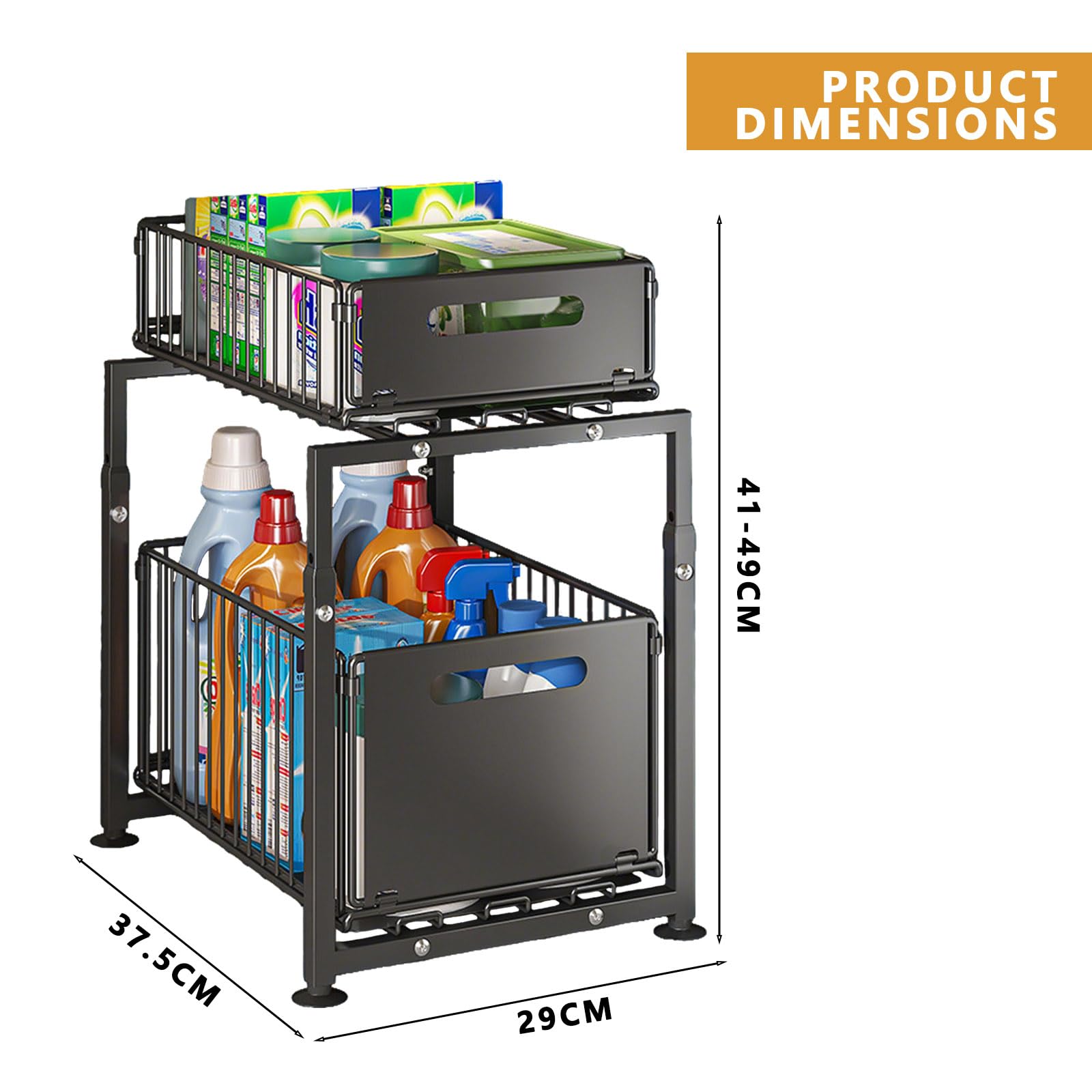 Set di 2 Organizer Sottolavello con Cassetti Estraibili – Scaffale da Cucina Regolabile in Altezza in Acciaio al Carbonio, Stabile e Antiscivolo, Portaoggetti per Cucina, Bagno e Dispensa