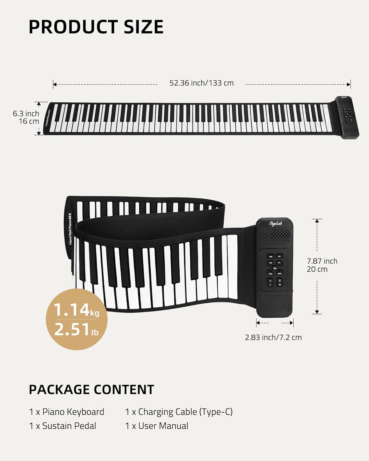 Kant view of the POGOLAB 88 Keys Roll Up Keyboard Piano, highlighting the power switch, Type-C charging port, pedal input, audio input/output jacks, and microphone input.