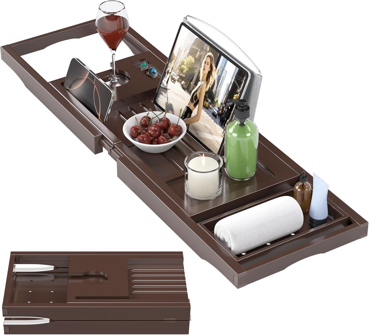 Foldable Bathtub Caddy Tray for Tub,Bamboo Expandable Bath Table Trays,Premium Bathroom Accessories for New Home & Mothers Day & Birthday Gifts for Couples,Natural