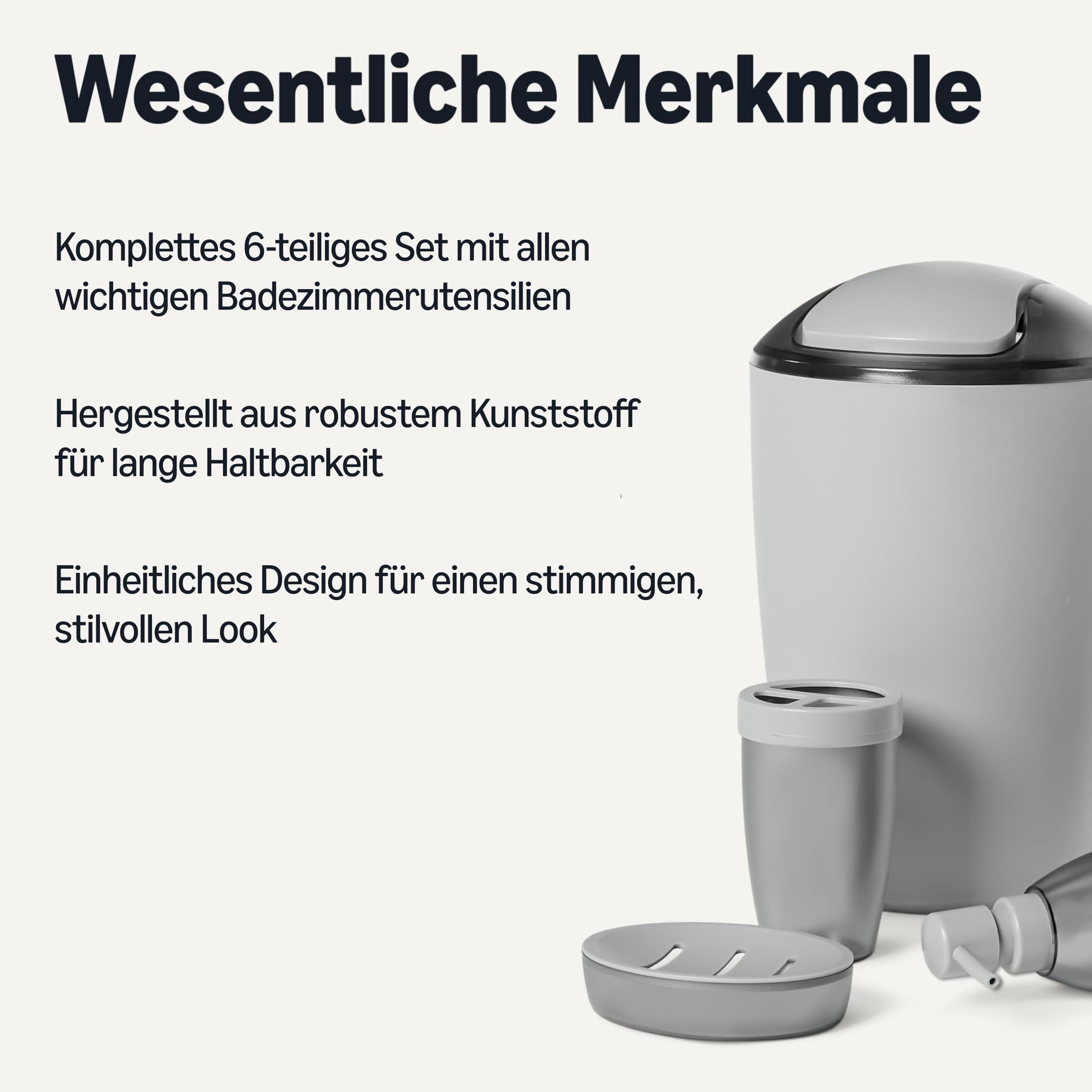 Amazon Basics Badezimmerzubehör-Set mit Zahnbürstenhalter, Seifenspender, Seifenschale, Becher, Mülleimer, Toilettenbürste & Halter, Grau