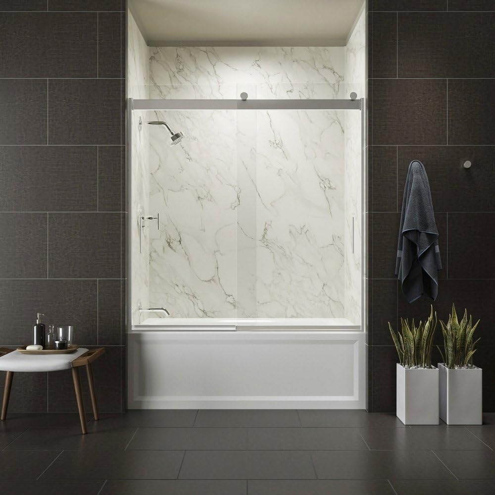 KOHLER K-706002-L-SH Levity Bypass Bath Door with Handle and 1/4-Inch Crystal Clear Glass in Bright Silver