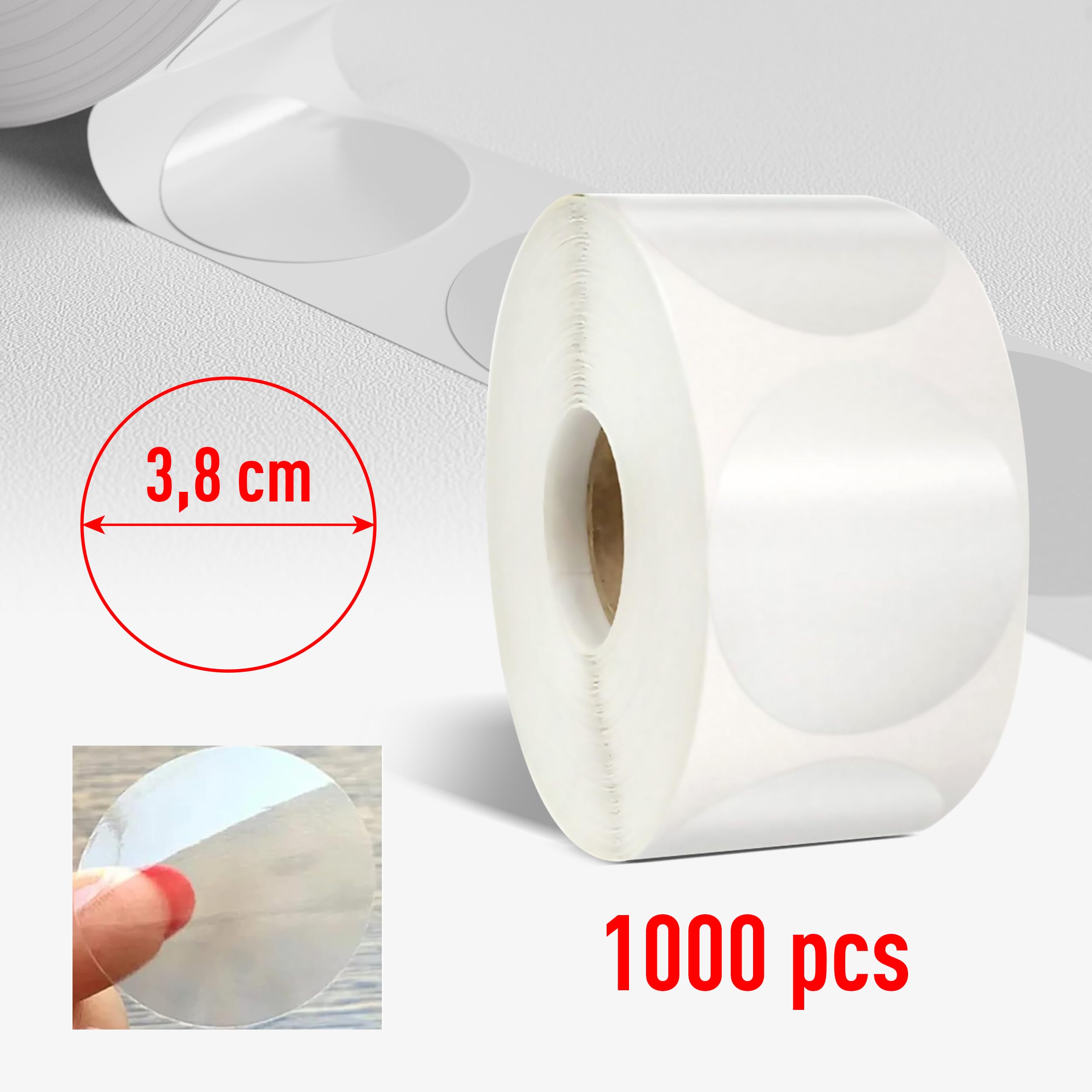 colortouch Naklejki z Przezroczystymi Kropkami do Pakowania - Średnica 3,8 cm, Opakowanie 1000 sztuk - Przezroczyste Samoprzylepne Naklejki, Etykiety Uszczelniające, Okrągłe Zamknięcia do Kopert i