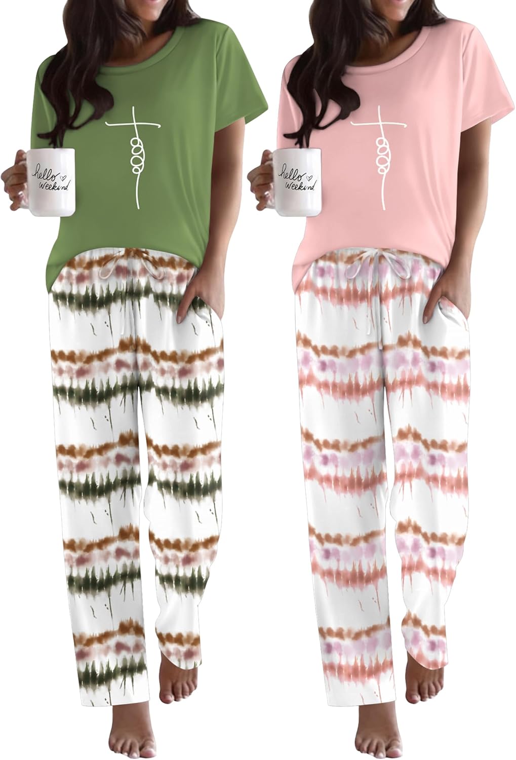 Ekouaer 2 Pack Pajamas for Women Set Short Sleeve Sleepwear Top and Pants Pjs Soft Printed Lounge Sets with Pockets