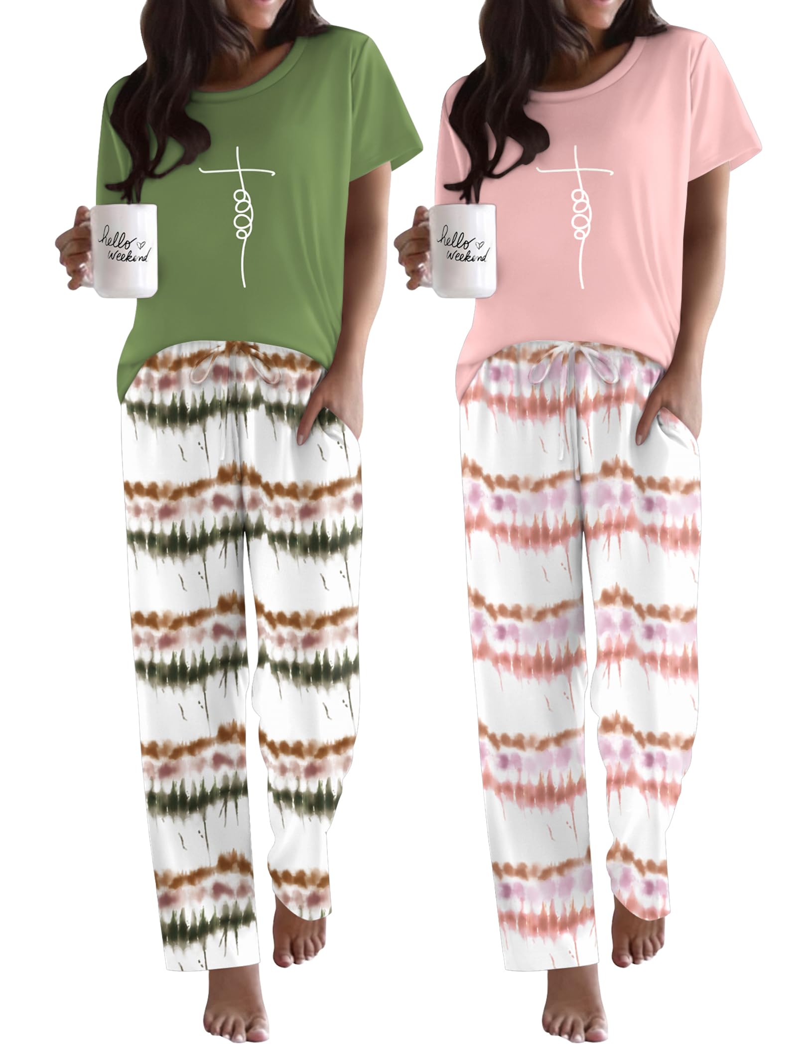Ekouaer 2 Pack Women's Pajama Set Short Sleeve with Pockets
