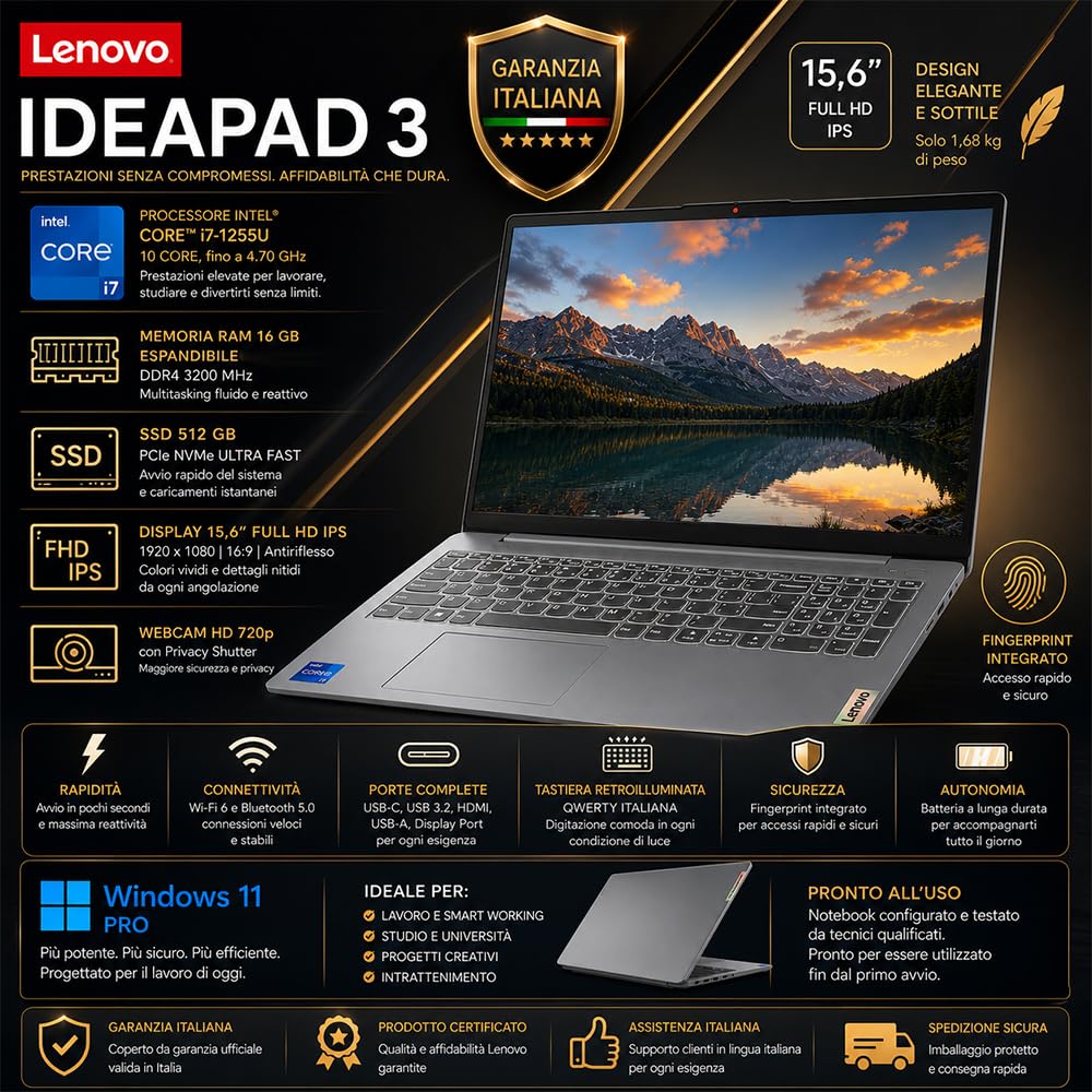 Lenovo Notebook PC Portatile i7 1255U 10Core 16GB RAM 15,6" Full HD | Antiriflesso, SSD PCI 512GB, Wi-Fi6, Tastiera Retroilluminata, Fingerprint, Pronto all'uso