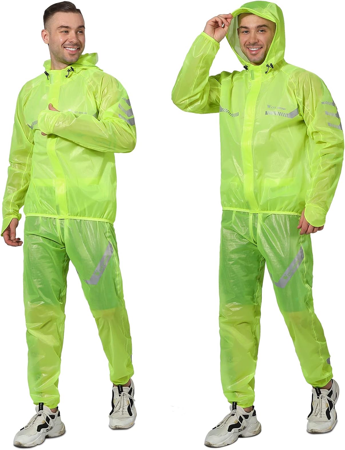 XIQI Cycling rainwear for men and women (jacket and trousers), 100% recycled polyester, water-repellent, windproof, bicycle rain jacket, rain trousers, reflective packable hood, poncho, thin raincoat