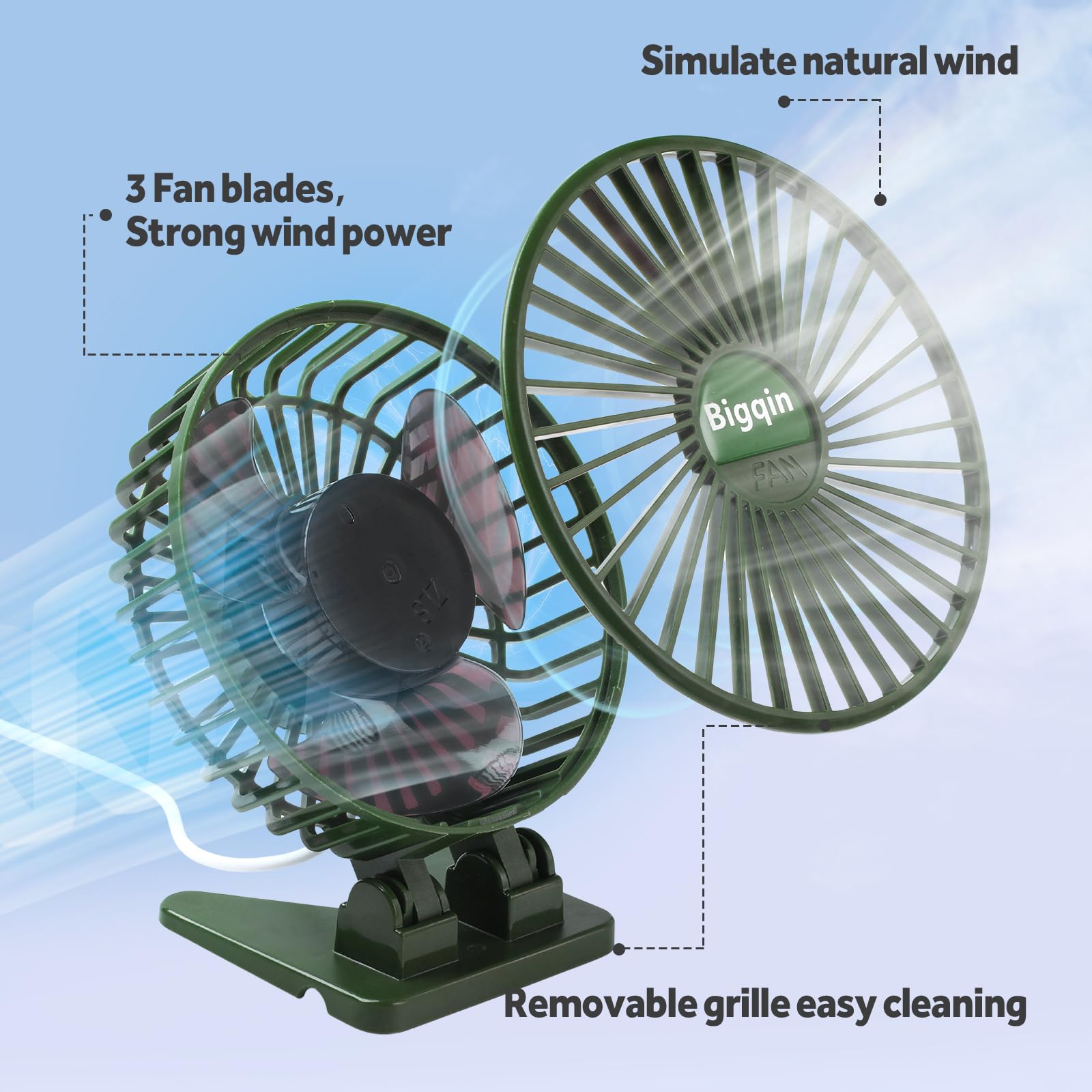 Bigqin Mini Ventilatore Portatile, Ventola Silenziosa USB, 3 velocità in un Pulsante, Piccolo Ventilatore Potente, Mini Ventilatore ad Angolo Regolabile per Tavolo da Ufficio,Verde Militare