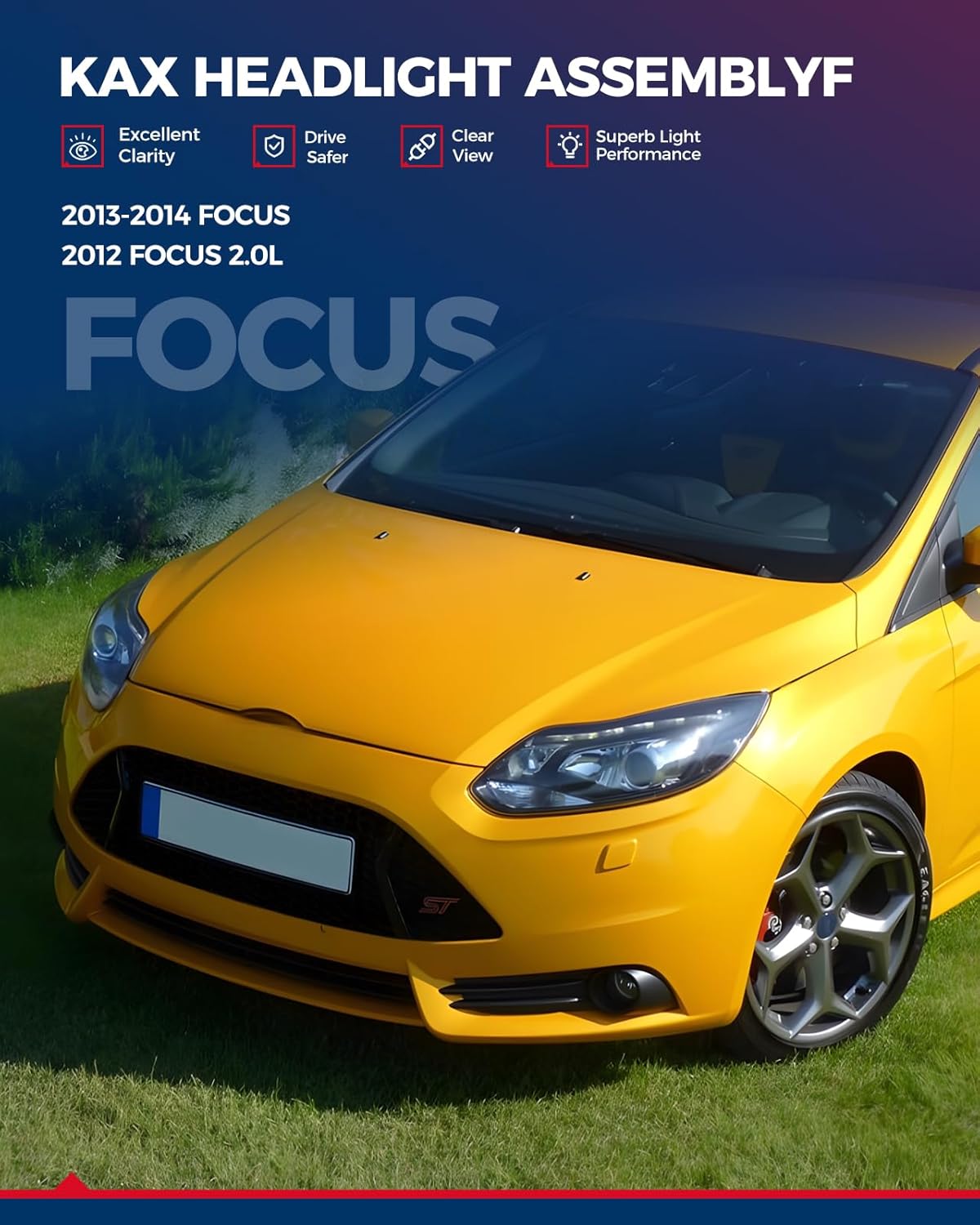 KAX Headlights Assembly, Headlight Assembly Compatible with 2012 2013 2014 FORD FOCUS Only Fits Models with Halogen Headlights (Driver and Passenger Side)