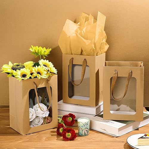 Miniatura 4 de Zhanmai 36 bolsas de regalo con ventana transparente, bolsas de papel transparente con pañuelos de 10 x 7 x 5 pulgadas, bolsas de papel kraft con