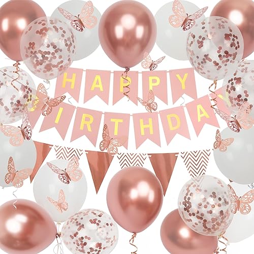 Miniatura 12 de Cartel de feliz cumpleaños, decoración de cumpleaños de oro rosa, 16 globos de 12 pulgadas con 2 cintas para decoración de fiesta de niña y mujer