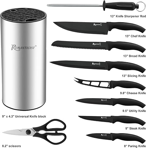 Miniatura 2 de ROMANTICIST Juego de cuchillos de 10 piezas, cuchillos de cocina de acero inoxidable con afilador y cuchillo de queso, asas ergonómicas