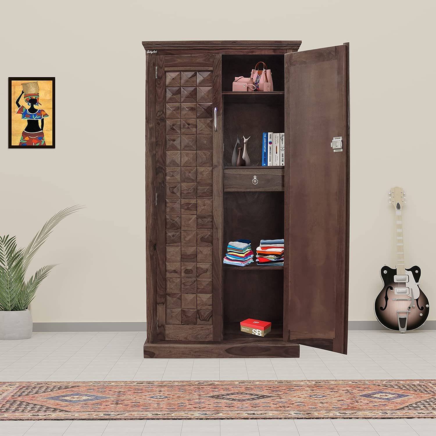 Solid Sheesham Wood Diamond Cut Four Door Clothes Organizer Wardrobe/Cabinet/ (Florentine Natural Honey Oak)-image-6