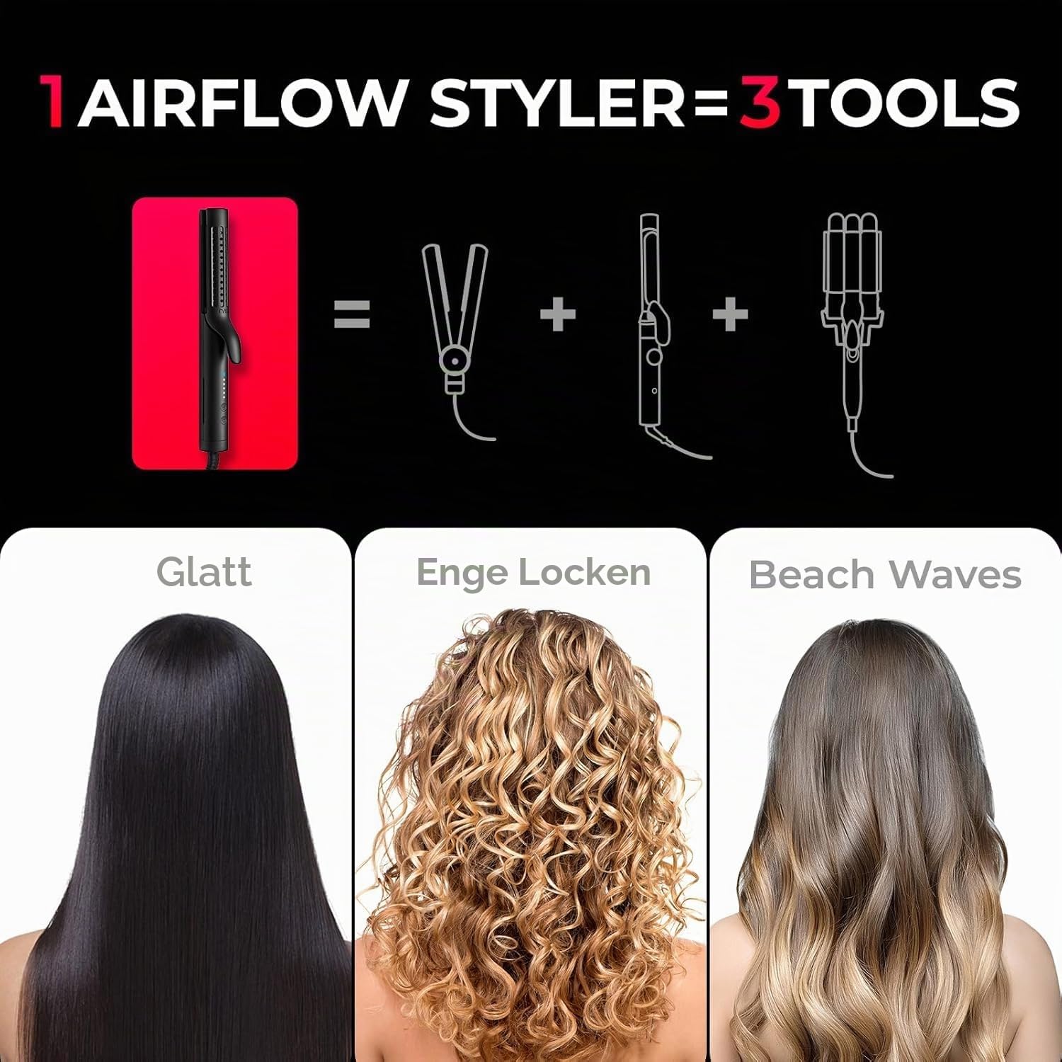 TYMO Airflow Glätteisen Locken und Glätten - Ionen Haarglätter und Lockenstab 2 in 1 für Schnell Glätten oder Natürliche Wellen mit 360° Luft, Verbrühschutz 32mm Lockenstäbe für Große Locken, Schwarz