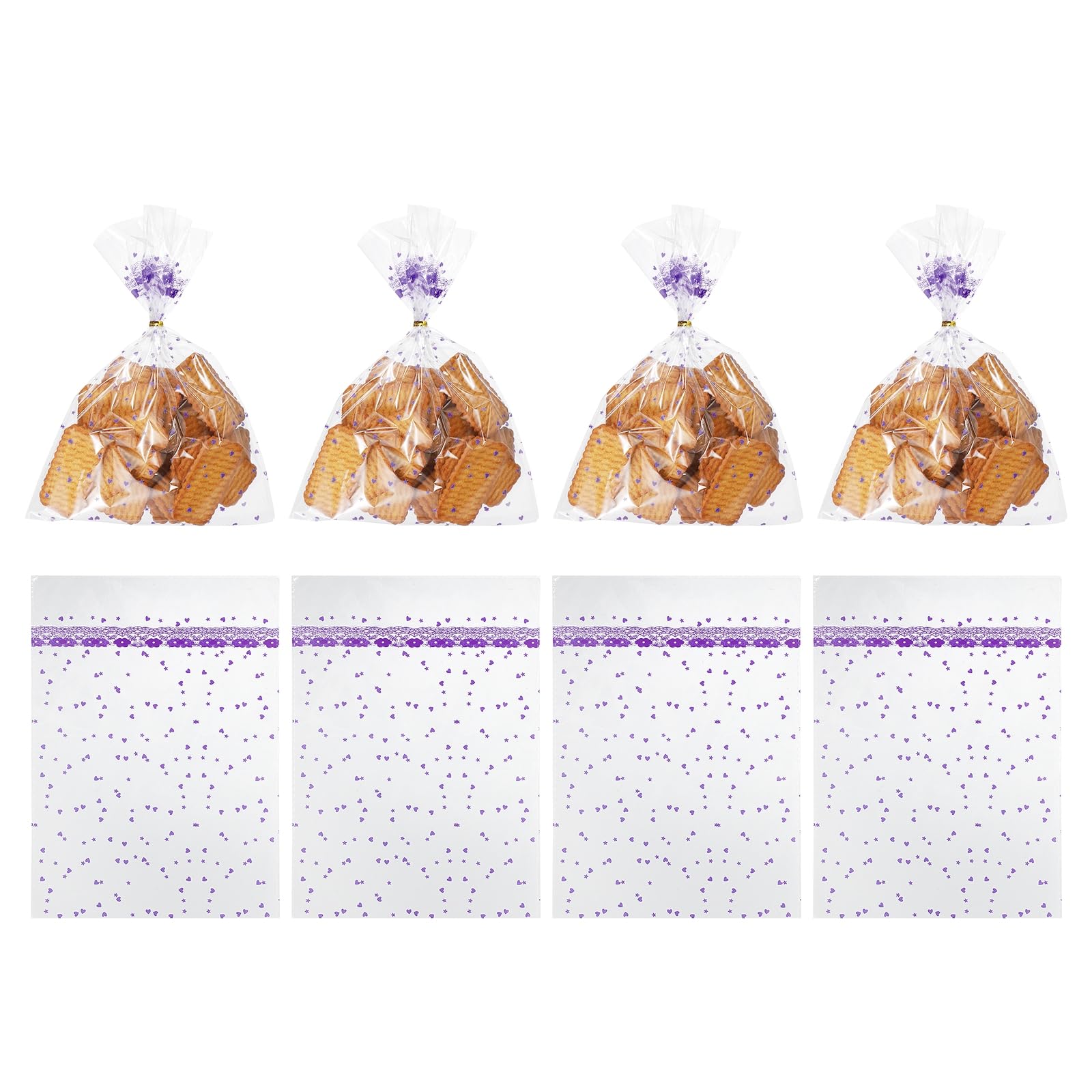sourcing map 100pcs Clear Treat Bags, 9.8" x 7.1" Valentines Cookie Bags with Twist Ties for Valentine's Day Candy Packaging Purple