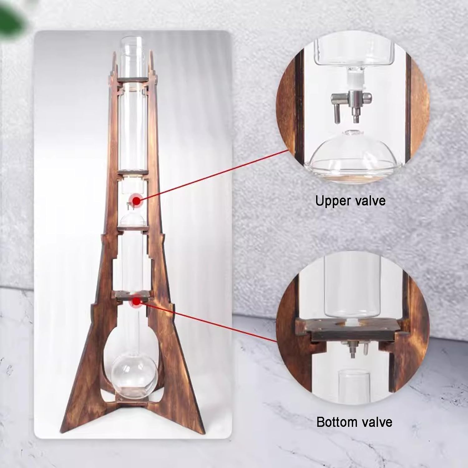 Cold Brew Coffee Tower, cold brew coffee maker, Ice Drip Coffee Maker, with Double Stainless Steel Valve, Wooden Frame, Glassware, Large Capacity, Makes 8-10 Cups, for Home, Coffee Shop