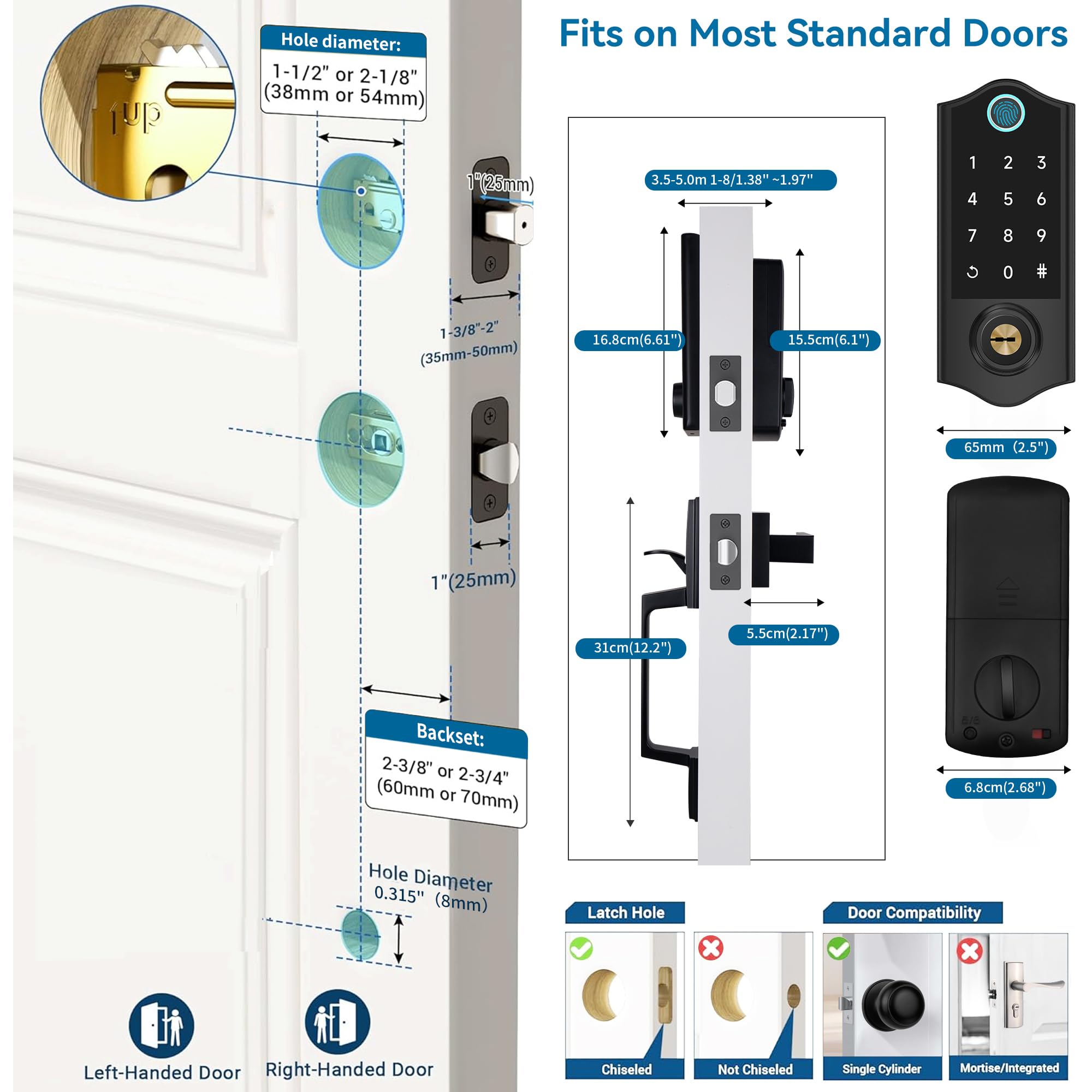 Serrure de porte intelligente à empreintes digitales pour porte d'entrée avec jeu de poignée, contrôle par application, serrure de porte d'entrée sans clé, pêne dormant à clavier numérique,