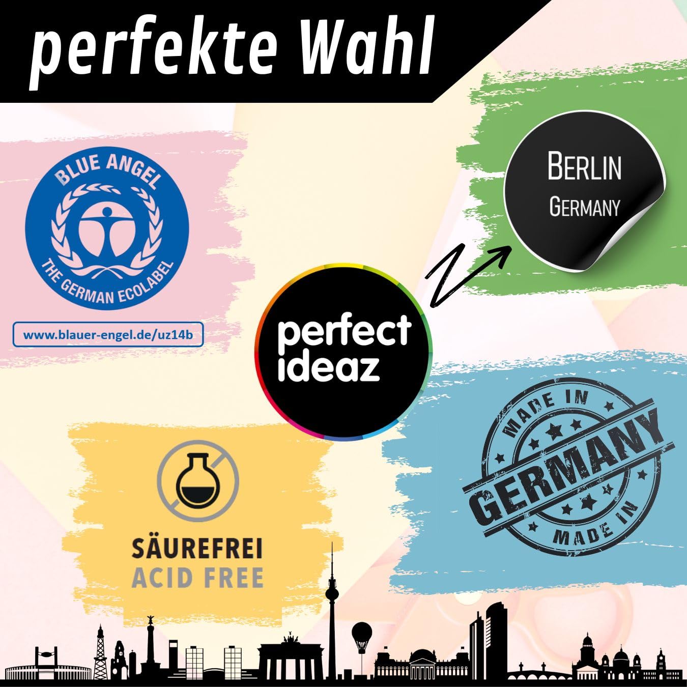 perfect ideaz – 39 arkuszy kartonu kolorowego DIN-A3, 13 kolorów, 180 g/m², wyprodukowano w Niemczech, certyfikat Blauer Engel