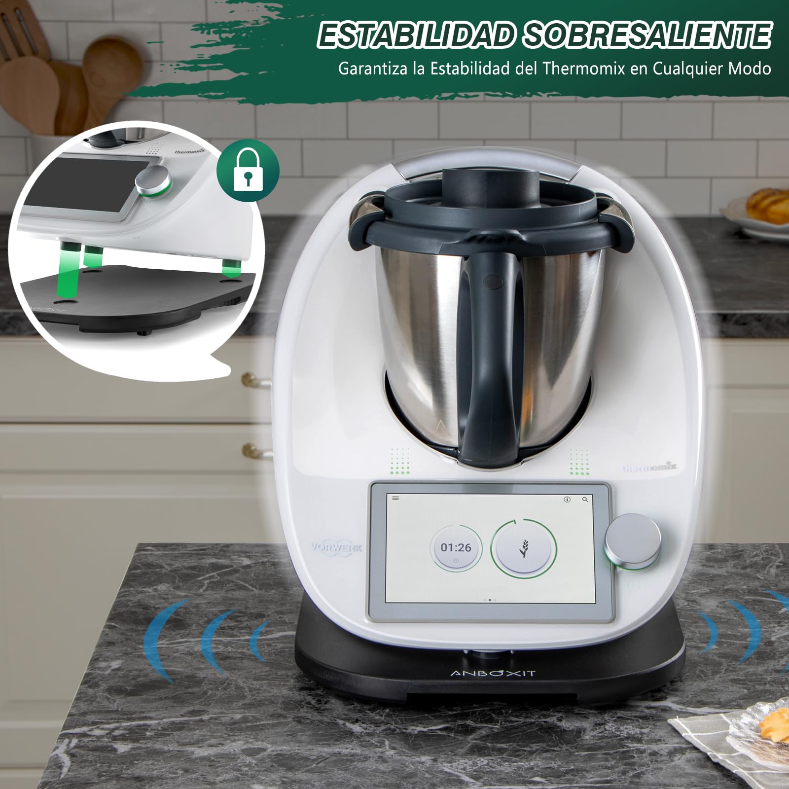 ANBOXIT Tabla Deslizante para Thermomix TM6/TM5, Base para Thermomix con Ruedas, Soporte para Bimby,de Bambú - Negro