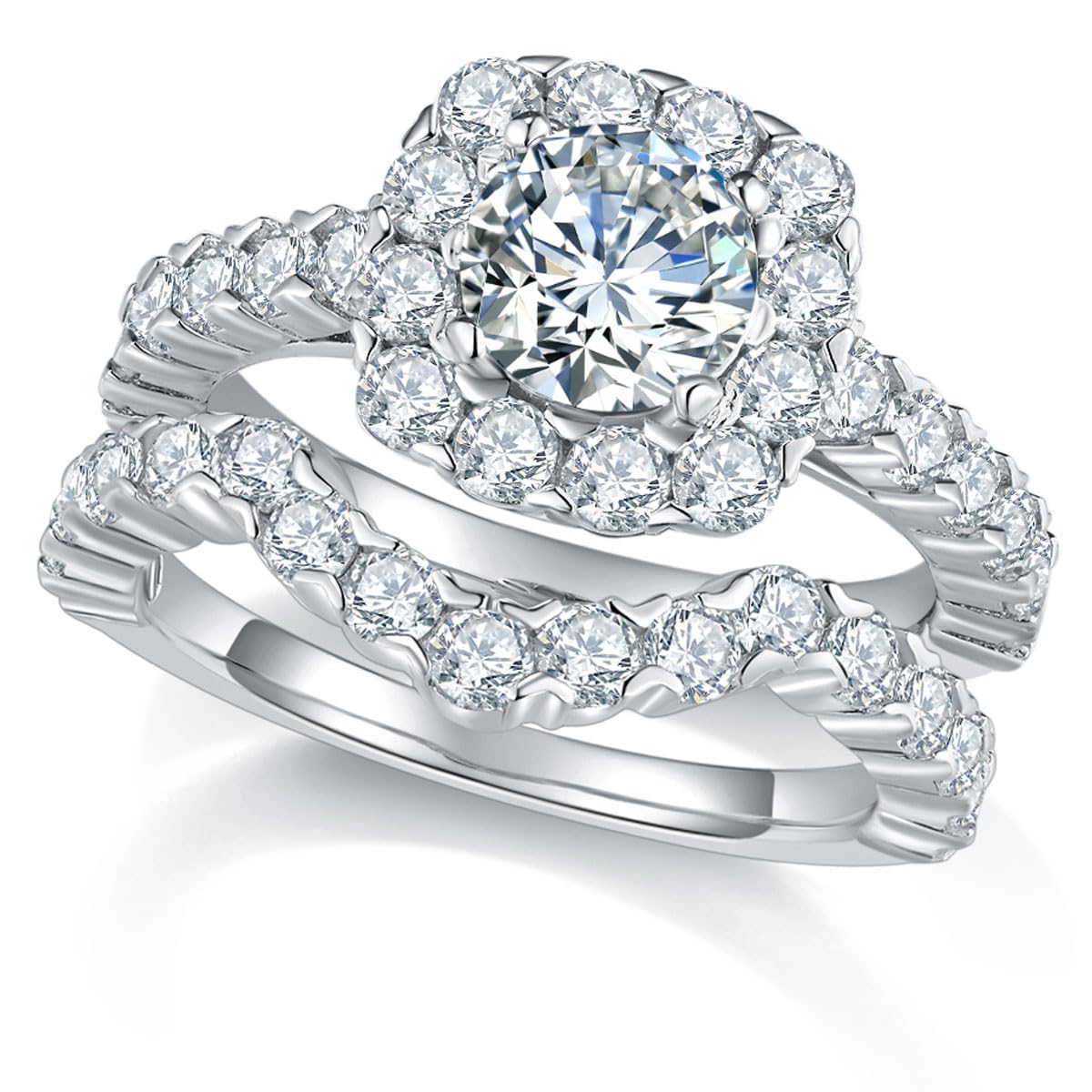 Sizeron3.2cttw Halo Moissanite Wedding Ring Sets For Women White Gold Plated Sterling Silver V Shaped Anniversary Engagement Rings Bridal Set