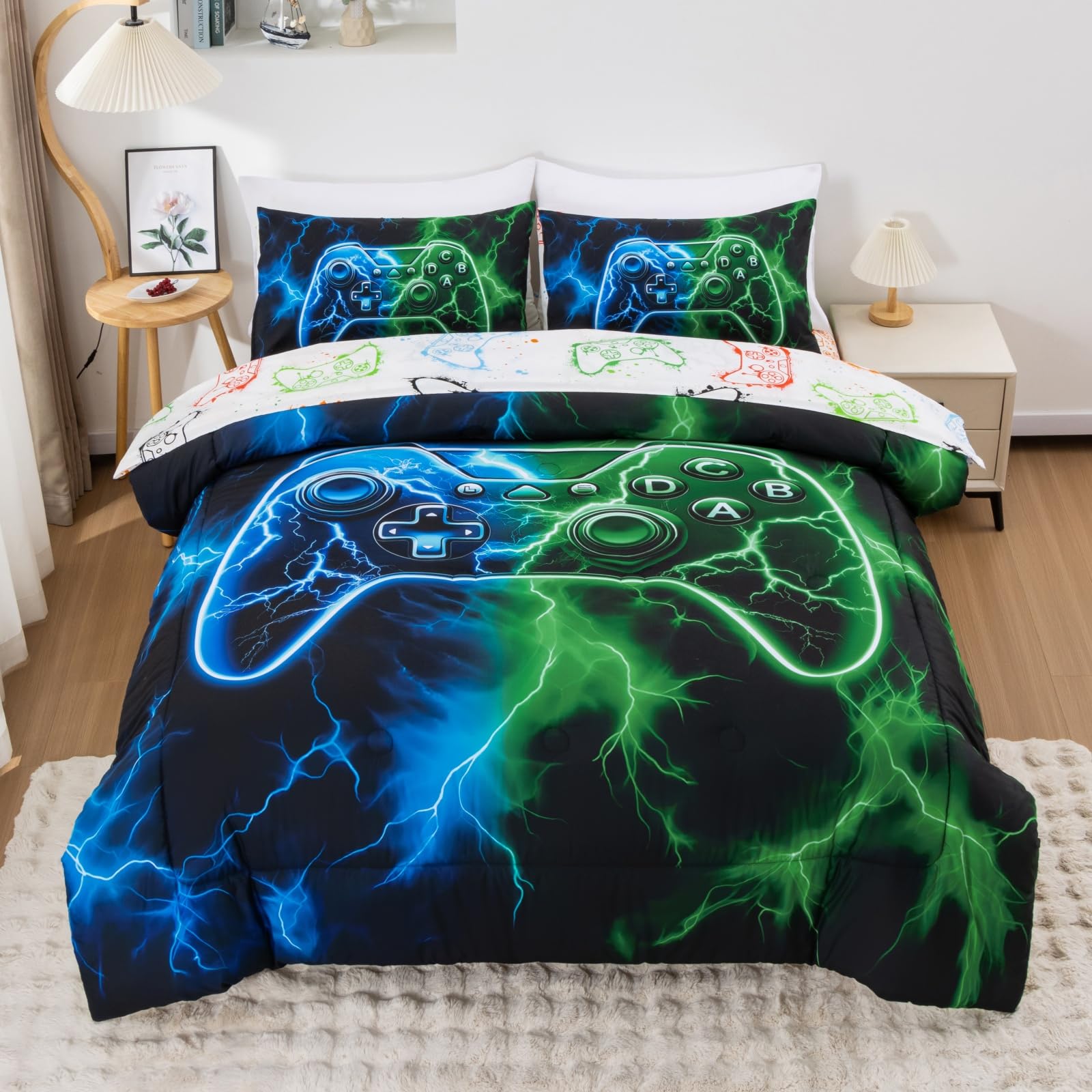 Meeting Story 5-Piece Boys Bedding Set Queen Size Green and Blue Game Console Kids Bed in A Bag Soft Lightweight Video Gamepad Bedroom Set(Bluegreen)