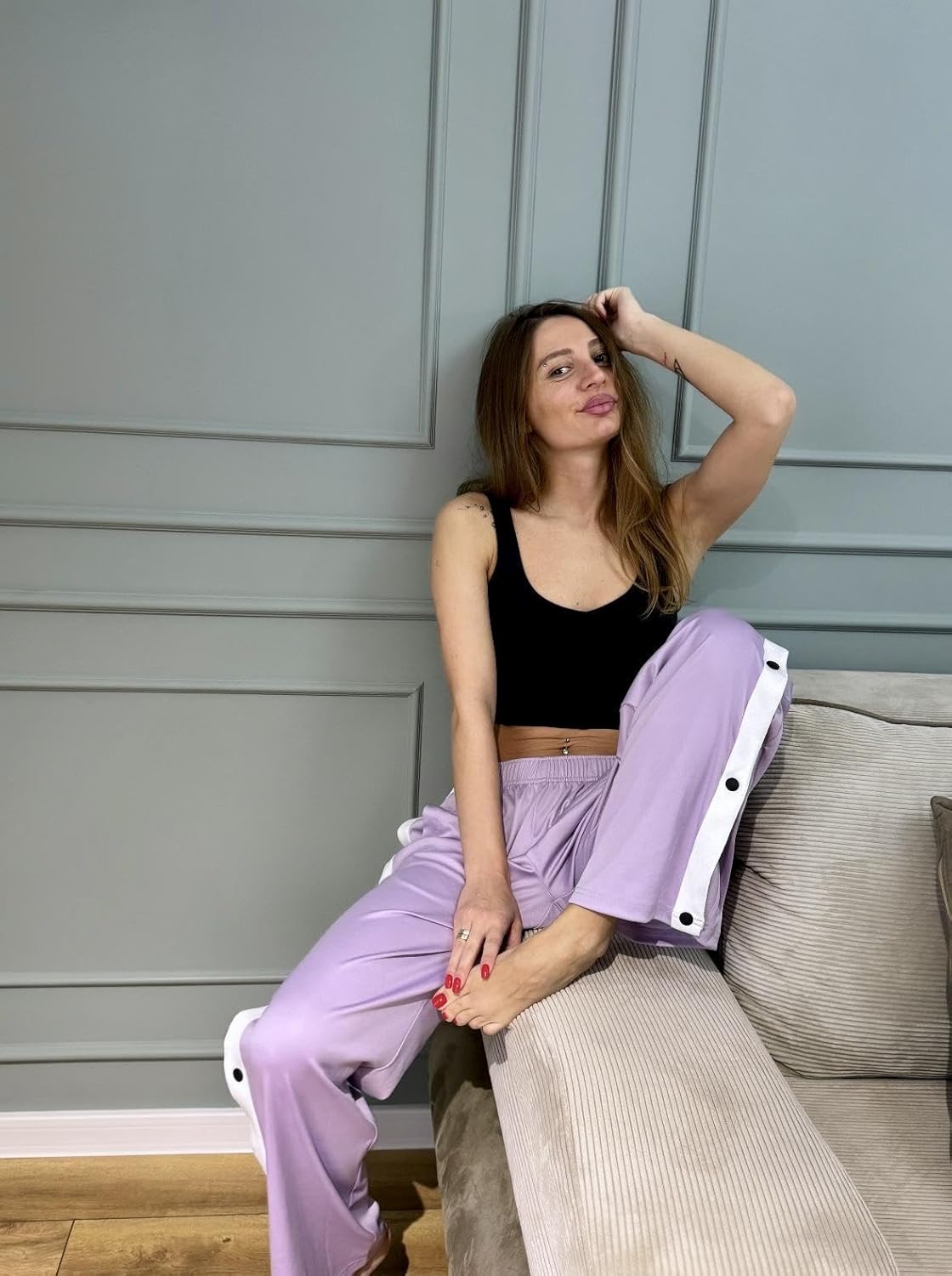 Deyeek Women's Tear Away Pants Side Split Snap Open Bottom Sweatpants Leg Breakaway Post Surgery Pants with Pockets 2XL Light Purple - Image 2