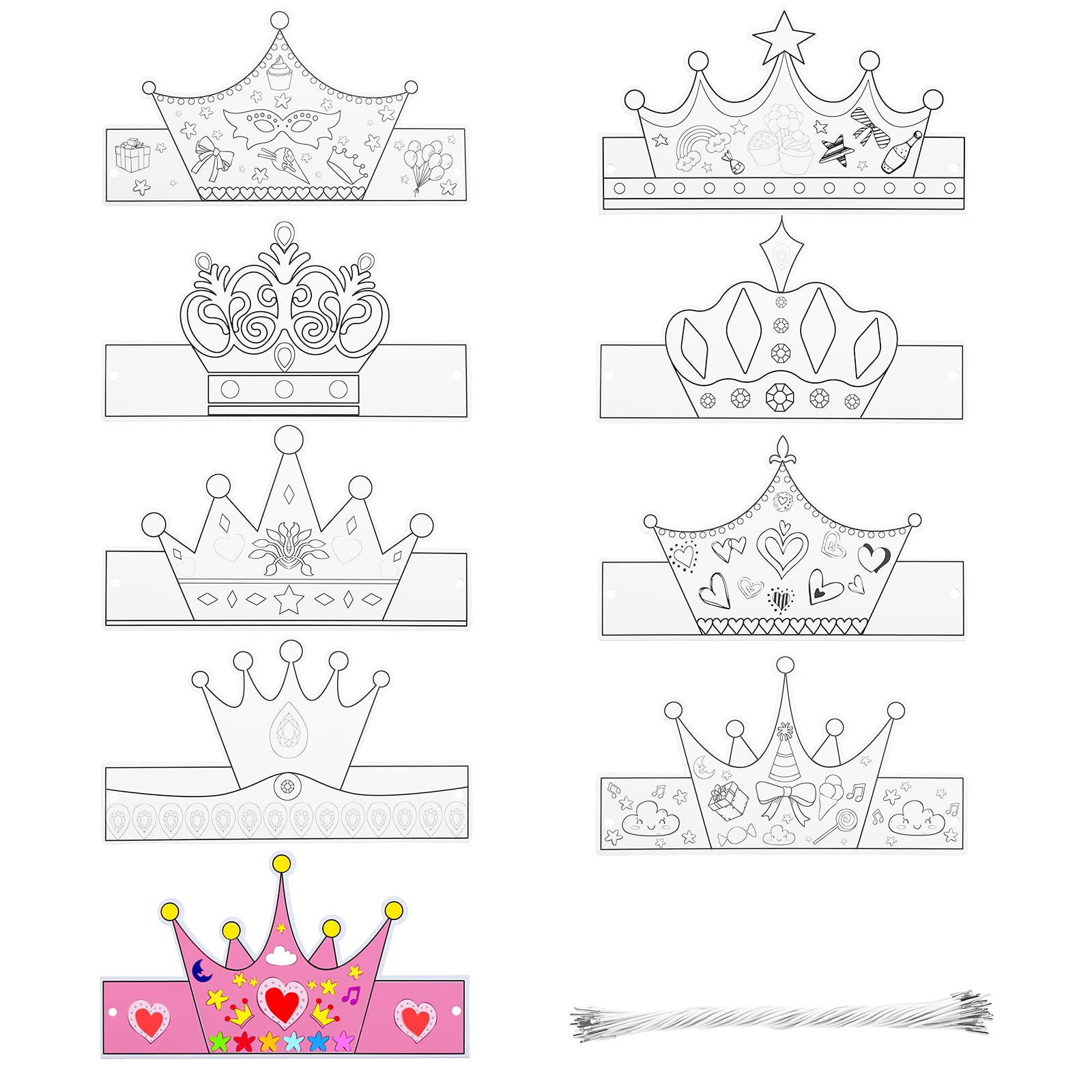 Teling 36 Pcs DIY Paper Crowns to Color Your Own Crowns Kit Coloring Birthday Craft with Elastic Cord for Kids Adults, 9 Designs
