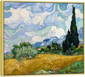 Wieco Art Framed Art Giclee Canvas Prints of Wheat Field with Cypresses by Van Gogh Paintings Reproduction Abstract Artwork for Wall Decor Golden Frame