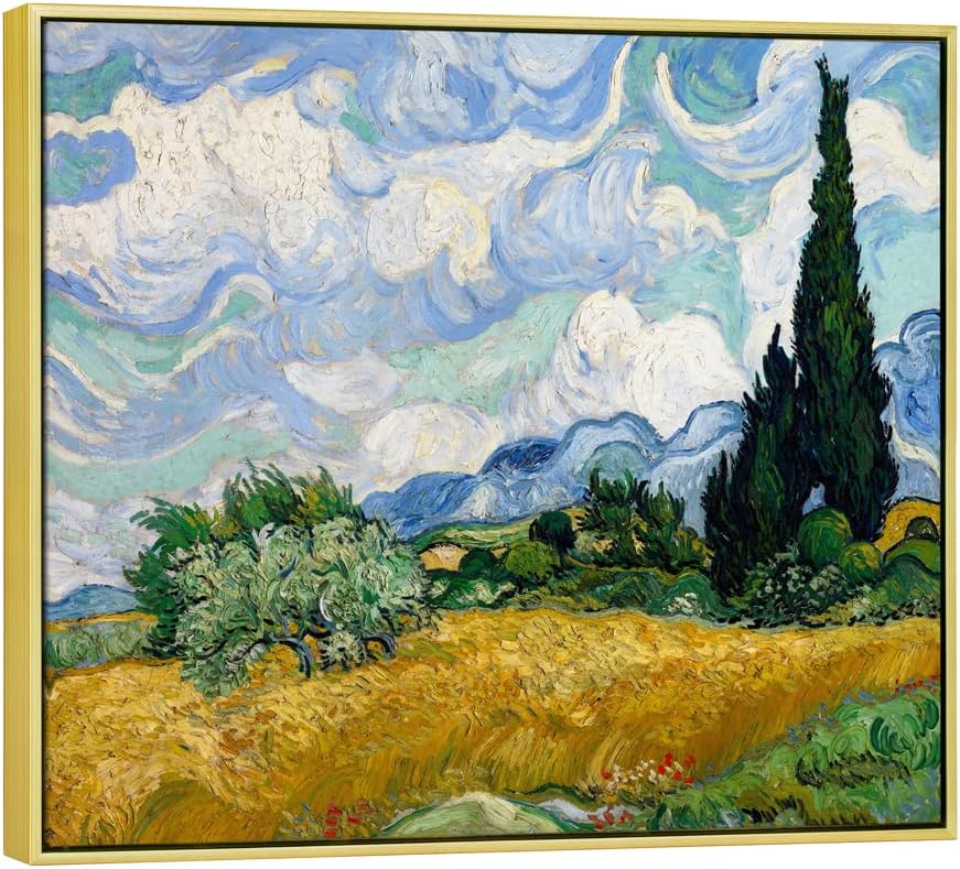 Wieco Art Framed Wall Art Canvas Prints of Wheat Field with Cypresses by Van Gogh Paintings Reproduction Abstract Artwork for Wall Decor Golden Frame