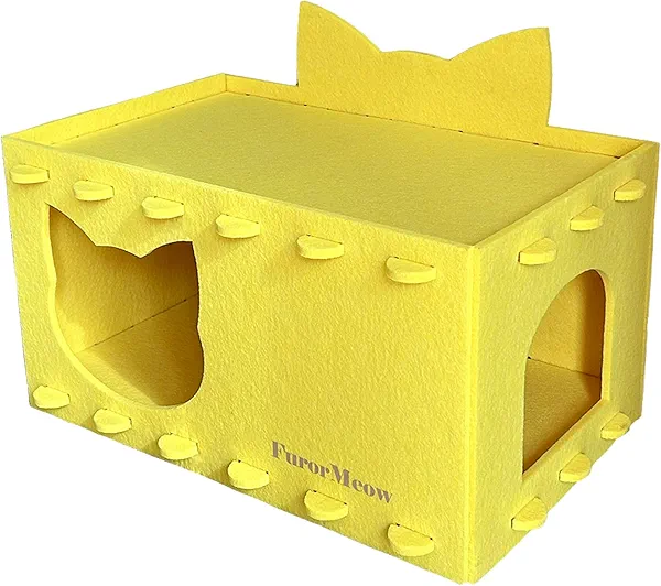 FurorMeow Cat House Cat Ear Design, Large Spacious Cozy Indoor Cat Bed Cave, Scratch Resistant Strong Thick Premium Felt Condo, Fun Hideaway for Multiple Cats, 21.5x13x11.6 inches (Bright Yellow)