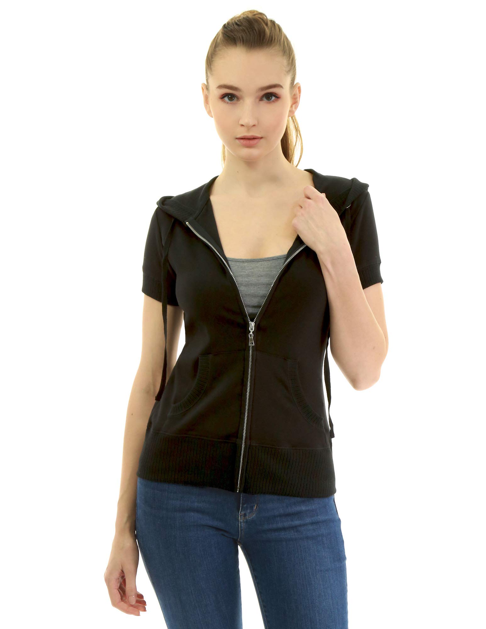 AmélieBoutik Women Hoodie Zip Up Short Sleeve Jacket (Black Medium 12)