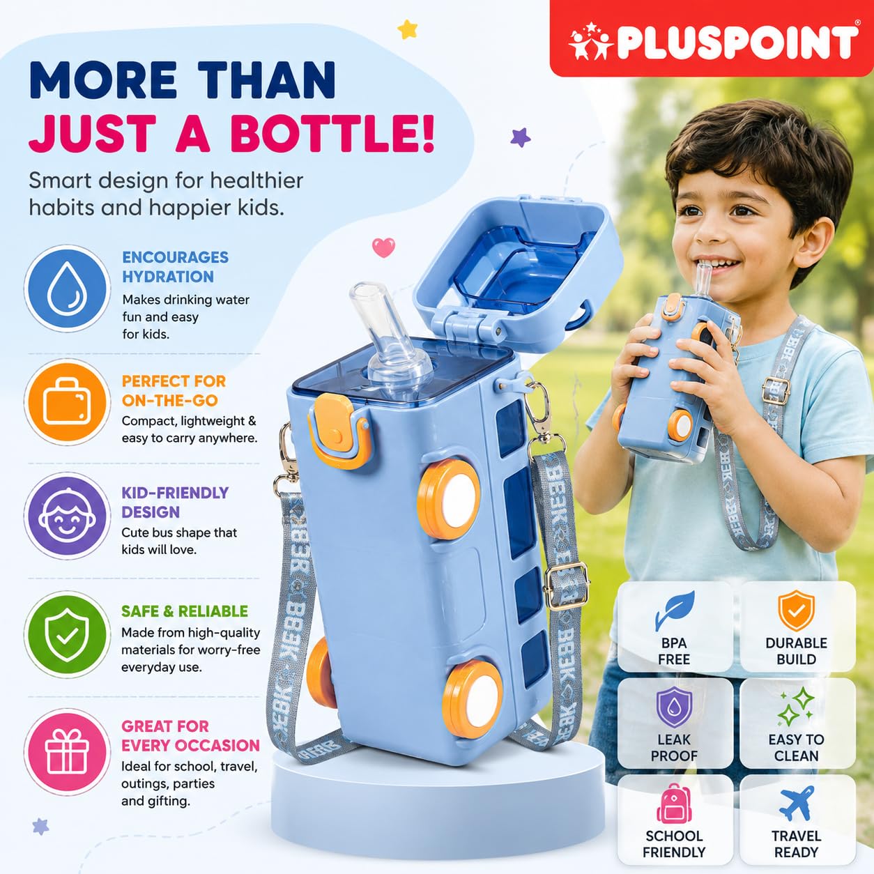 PLUSPOINT Bus Shape Water Bottle for Kids Detachable Straw with Shoulder Strap Leak-Proof Cartoon Water Bottle with Wheels (Color-Blue), Silicone, 500 ML — Amazon image 8