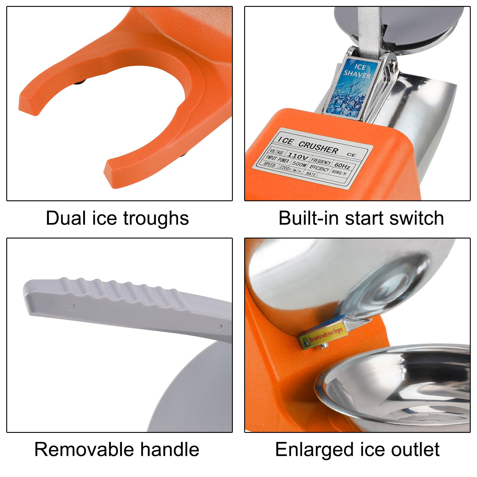 Topteng Electric Ice Crusher Machine 143LBS/Hr Snow Cone Maker Ice Shaver 500W EU Plug with Splash-Proof Cover Adjustable Stainless Steel Blades Aluminum Casing for Home Kitchens Parties Bars Cafes