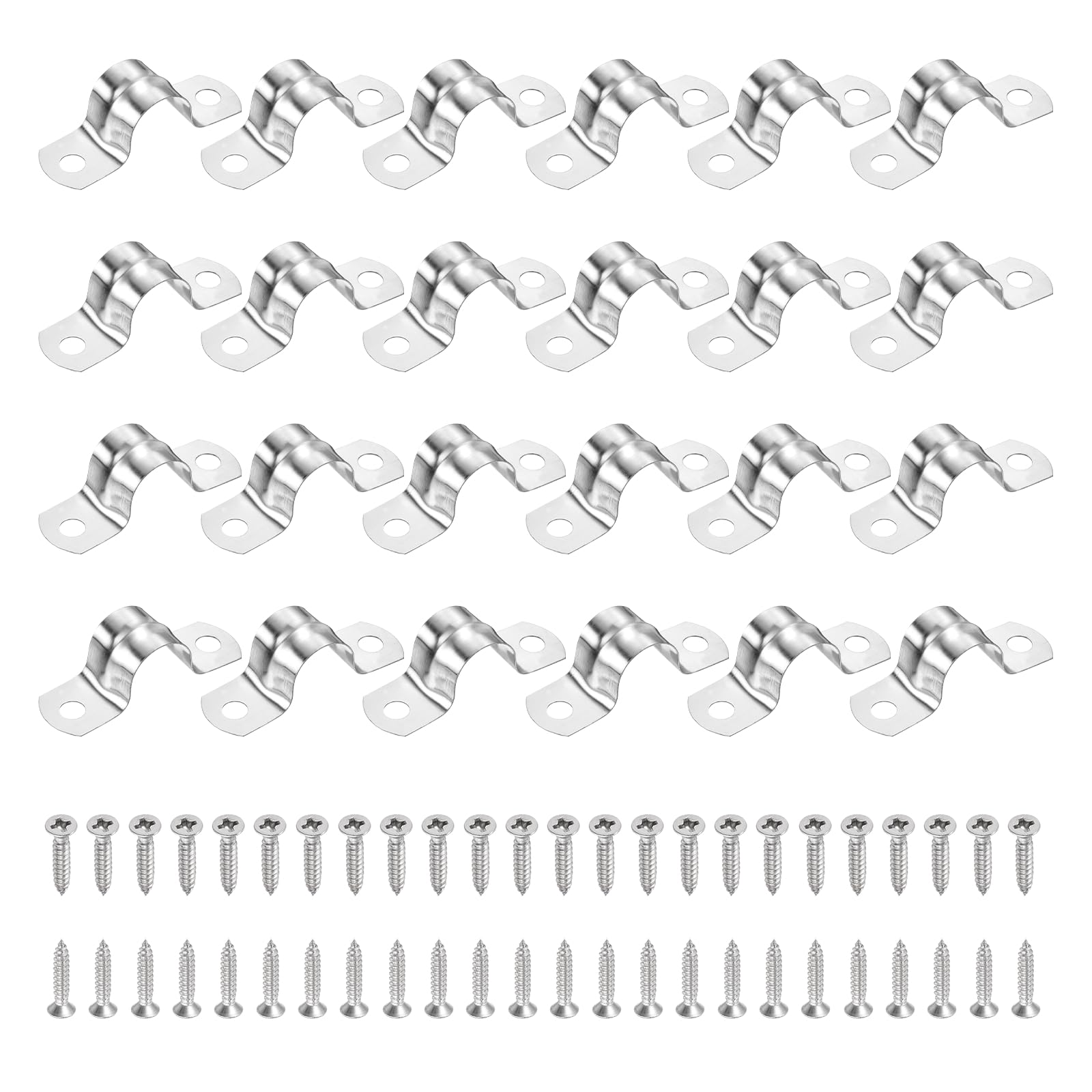 sourcing map 24Pcs 16mm(5/8") 304 Stainless Steel Rigid Pipe Strap, Two Hole Strap U Bracket Heavy Duty Pipe Conduit Clamp with Self-Tapping Screws for Hose Wire Cord Installation, Silver