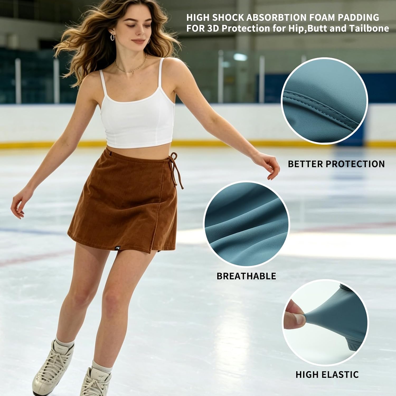 Bumsaver Women's Protective Skirt with Padded Shorts - Shock-Absorbing Hip & Tailbone Cushion Skirt, Wrap Drawstring A-Line Ribbed Knit Skirt for Skating, Snowboarding, Outdoor Activities