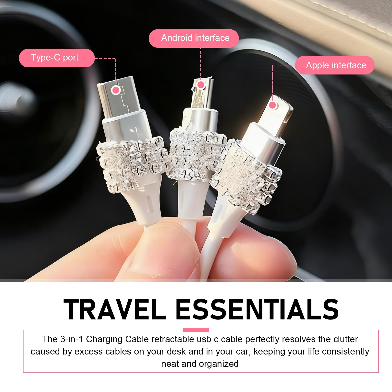 Zosgrew Car Retractable Multi Charging Cable, 3 in 1 Fast Charger Cord, Heart-shaped Diamond-studded Car Charger Cable, Stylish for Women, Compatible with Phone, Tablets (Pink) - 4